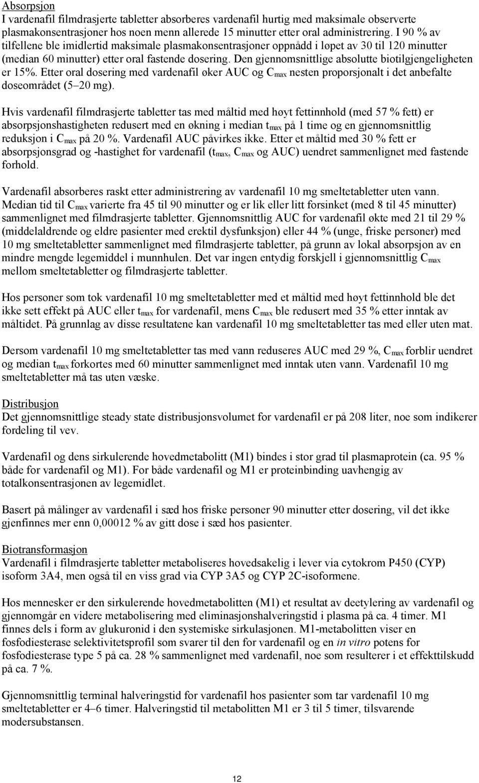 Den gjennomsnittlige absolutte biotilgjengeligheten er 15%. Etter oral dosering med vardenafil øker AUC og C max nesten proporsjonalt i det anbefalte doseområdet (5 20 mg).