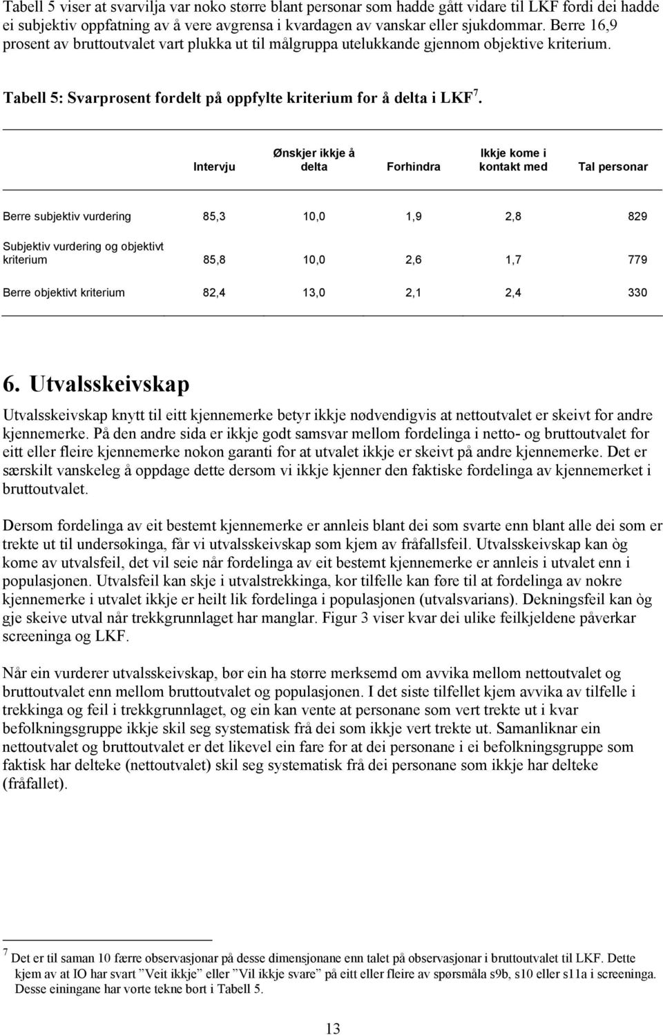 Intervju Ønskjer ikkje å delta Forhindra Ikkje kome i kontakt med Tal personar Berre subjektiv vurdering 85,3 10,0 1,9 2,8 829 Subjektiv vurdering og objektivt kriterium 85,8 10,0 2,6 1,7 779 Berre