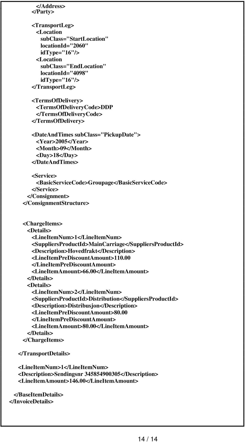 <BasicServiceCode>Groupage</BasicServiceCode> </Service> </Consignment> </ConsignmentStructure> <ChargeItems> <Details> <LineItemNum>1</LineItemNum>