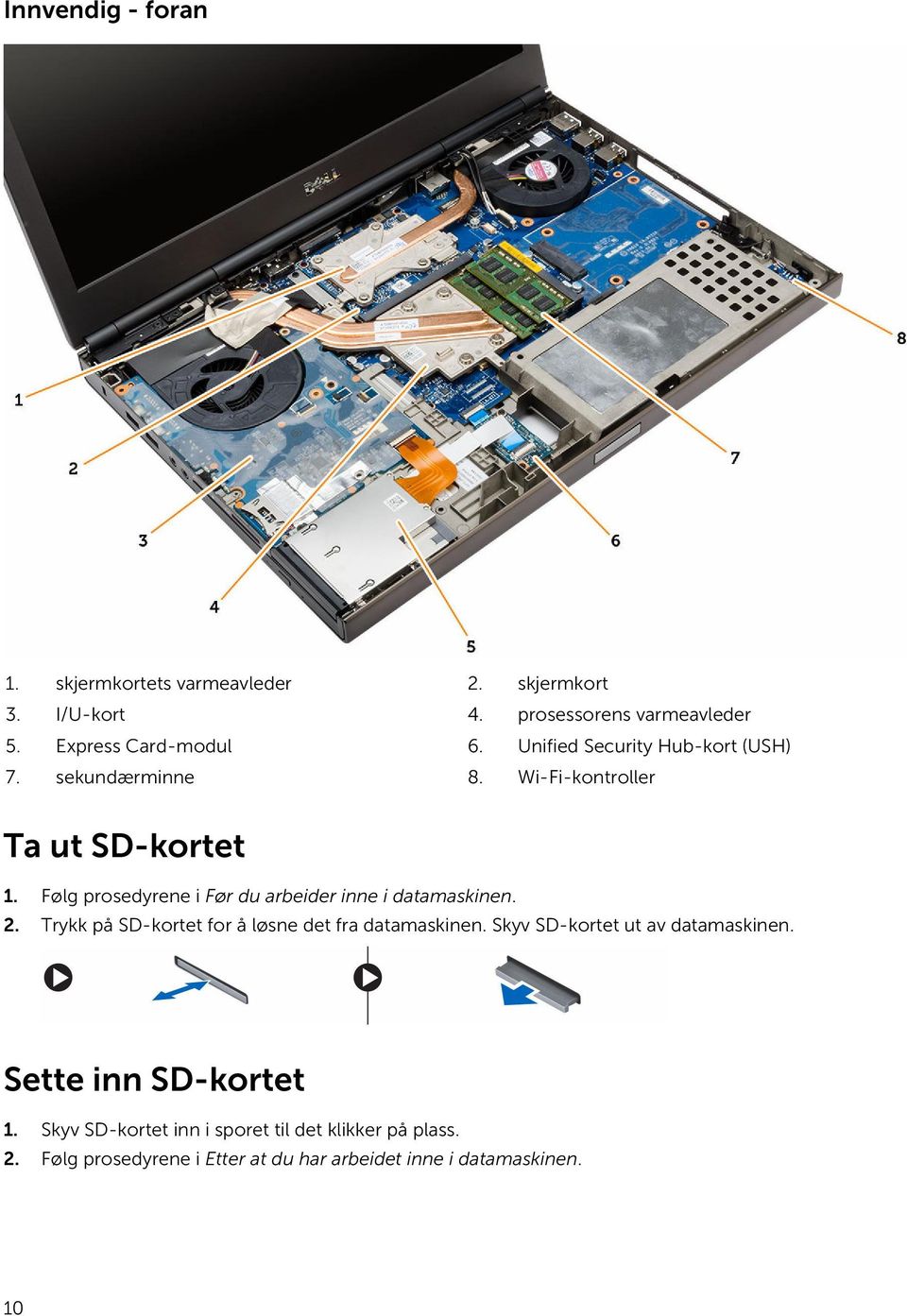 Følg prosedyrene i Før du arbeider inne i datamaskinen. 2. Trykk på SD-kortet for å løsne det fra datamaskinen.