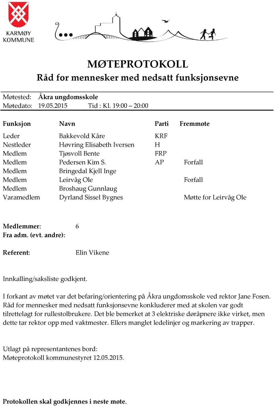 AP Forfall Medlem Bringedal Kjell Inge Medlem Leirvåg Ole Forfall Medlem Broshaug Gunnlaug Varamedlem Dyrland Sissel Bygnes Møtte for Leirvåg Ole Medlemmer: 6 Fra adm. (evt.