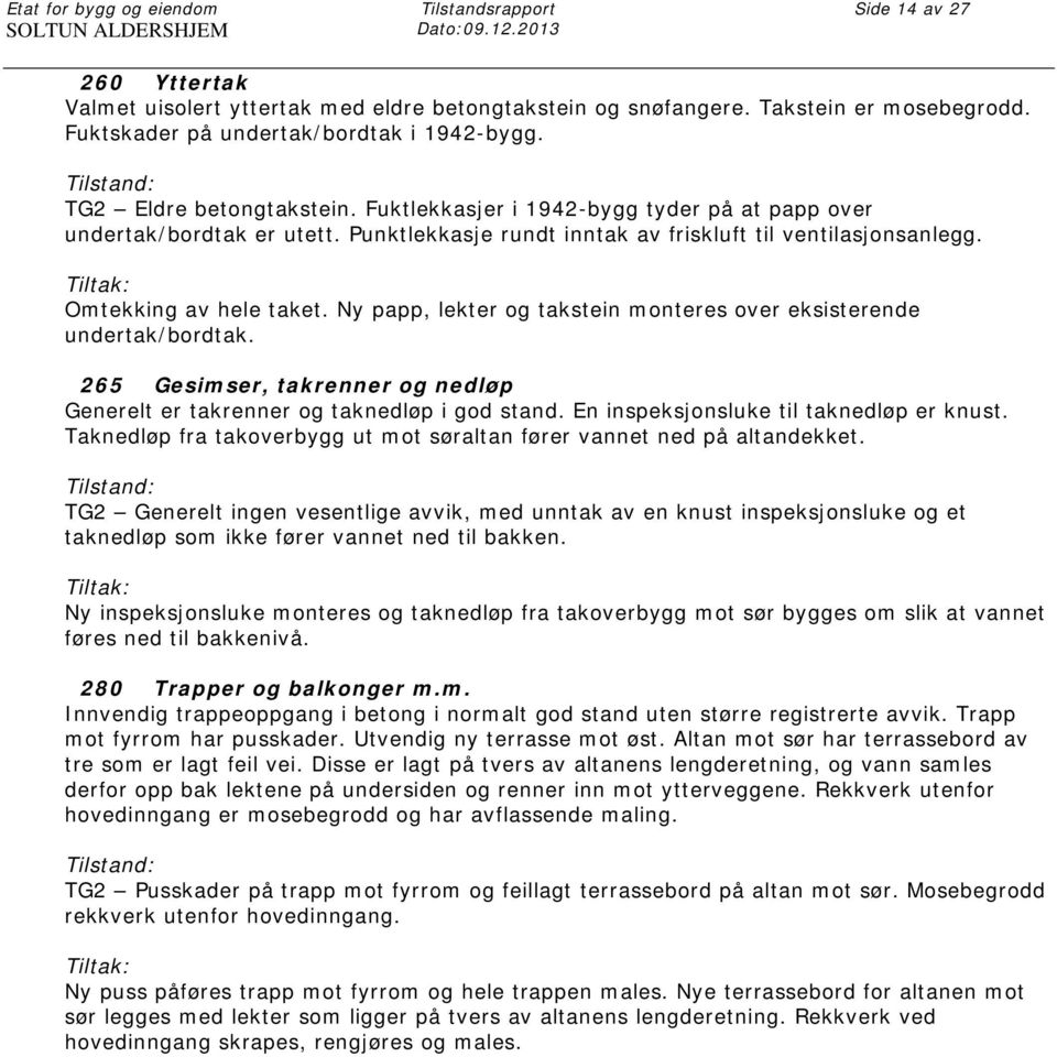 Ny papp, lekter og takstein monteres over eksisterende undertak/bordtak. 265 Gesimser, takrenner og nedløp Generelt er takrenner og taknedløp i god stand. En inspeksjonsluke til taknedløp er knust.