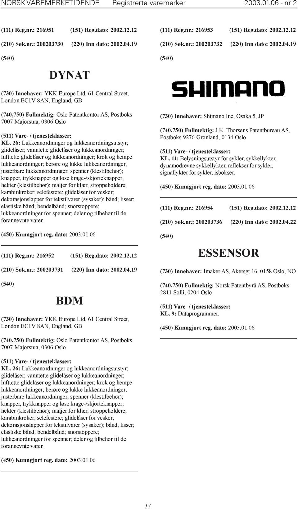 19 DYNAT (730) Innehaver: YKK Europe Ltd, 61 Central Street, London EC1V 8AN, England, GB (740,750) Fullmektig: Oslo Patentkontor AS, Postboks 7007 Majorstua, 0306 Oslo KL.