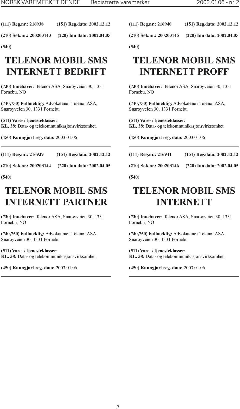 38: Data- og telekommunikasjonsvirksomhet. (450) Kunngjort reg. dato: 2003.01.06 (111) Reg.nr.: 216940 (151) Reg.dato: 2002.12.12 (210) Søk.nr.: 200203145 (220) Inn dato: 2002.04.