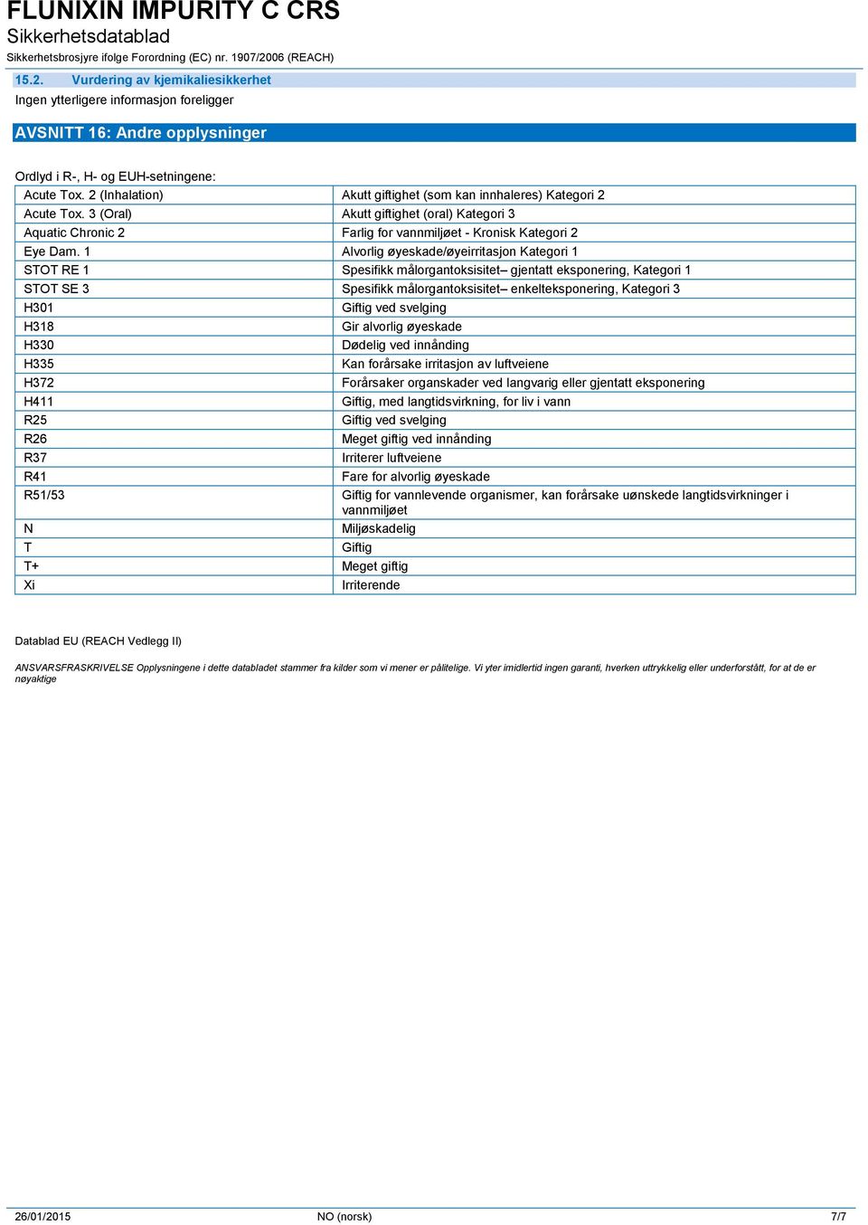 1 Alvorlig øyeskade/øyeirritasjon Kategori 1 STOT RE 1 Spesifikk målorgantoksisitet gjentatt eksponering, Kategori 1 STOT SE 3 Spesifikk målorgantoksisitet enkelteksponering, Kategori 3 H301 Giftig