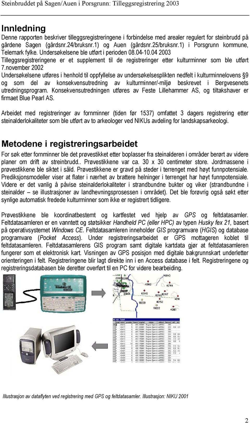 november 2002 Undersøkelsene utføres i henhold til oppfyllelse av undersøkelsesplikten nedfelt i kulturminnelovens 9 og som del av konsekvensutredning av kulturminner/-miljø beskrevet i Bergvesenets