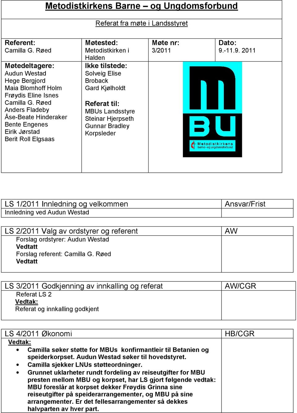 Landsstyre Steinar Hjerpseth Gunnar Bradley Korpsleder Møte nr: 3/2011 Dato: 9.