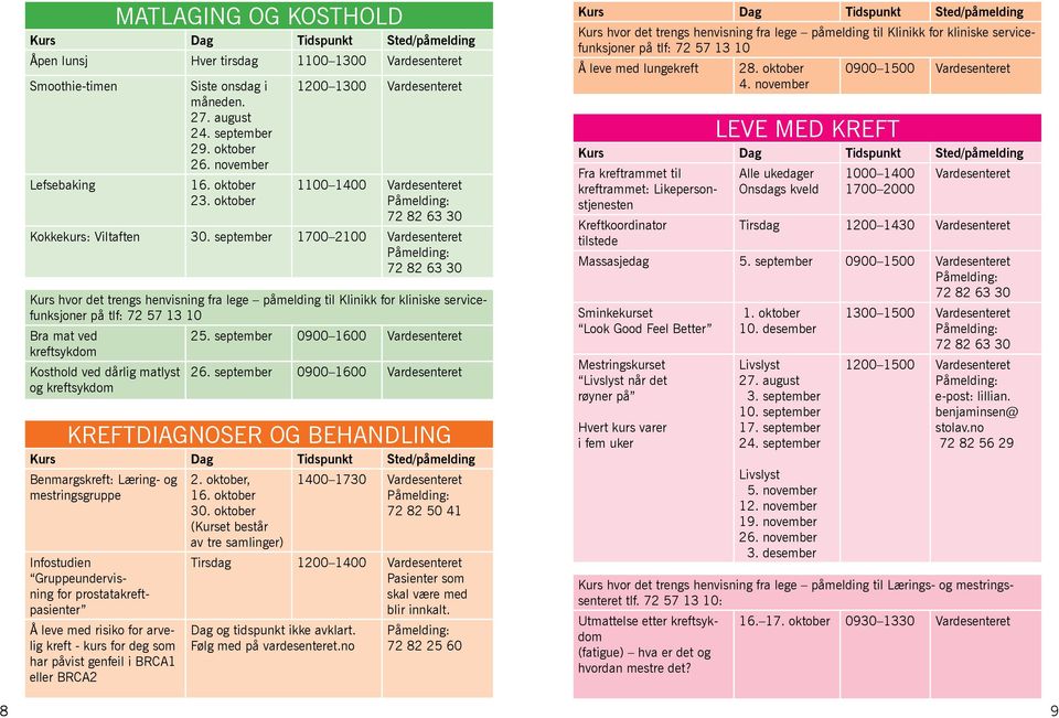 september 1700 2100 Kurs hvor det trengs henvisning fra lege påmelding til Klinikk for kliniske servicefunksjoner på tlf: 72 57 13 10 Bra mat ved 25.