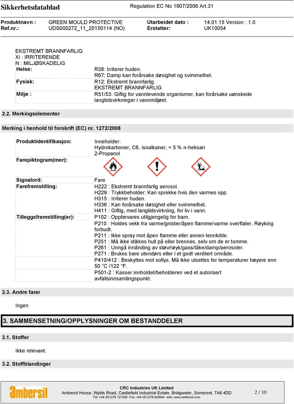 1272/2008 Produktidentifikasjon: Farepiktogram(mer): Inneholder: Hydrokarboner, C6, isoalkaner, < 5 % n-heksan 2-Propanol Signalord: Farefremstilling: Tilleggsfremstilling(er): Fare H222 : Ekstremt