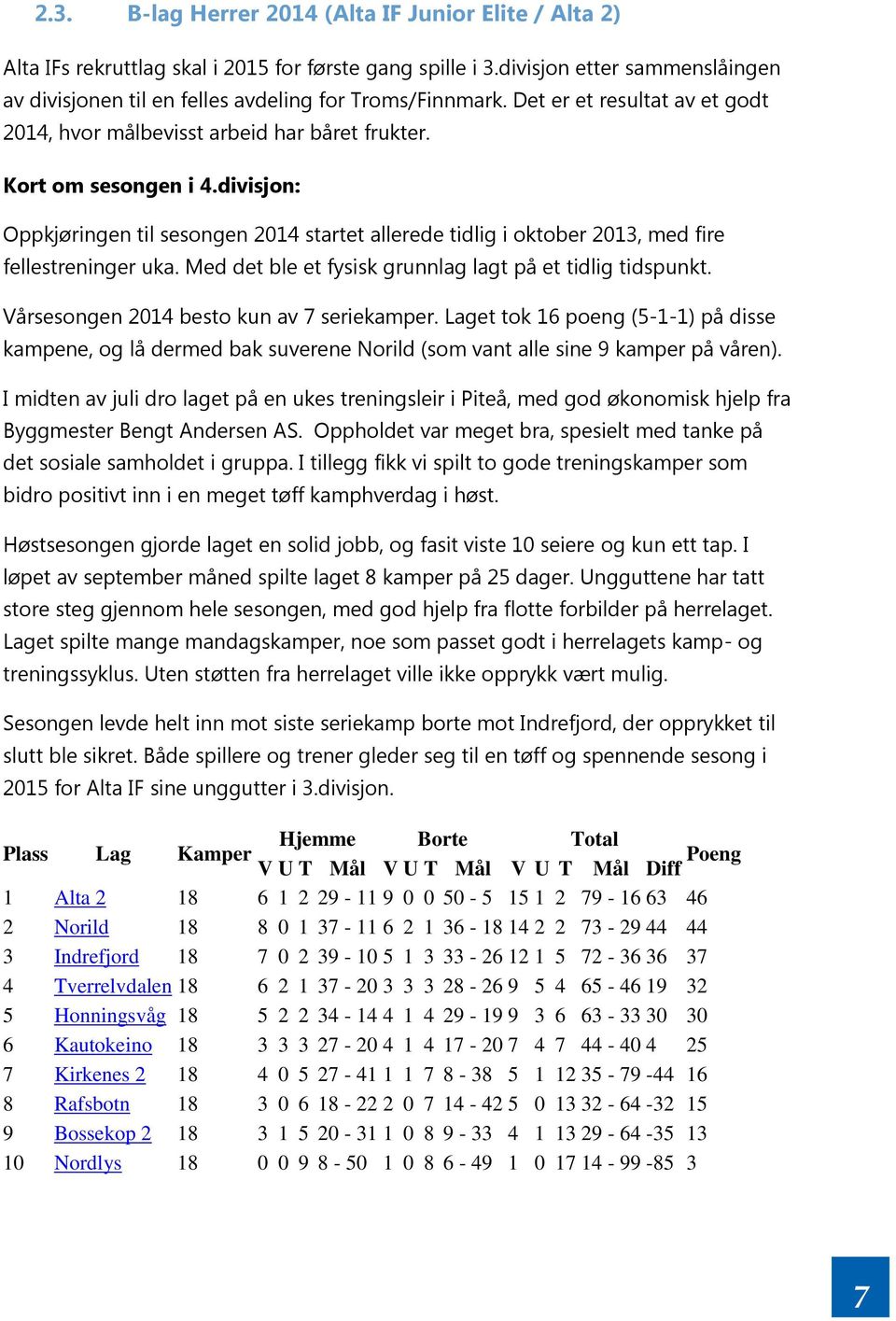 divisjon: Oppkjøringen til sesongen 2014 startet allerede tidlig i oktober 2013, med fire fellestreninger uka. Med det ble et fysisk grunnlag lagt på et tidlig tidspunkt.