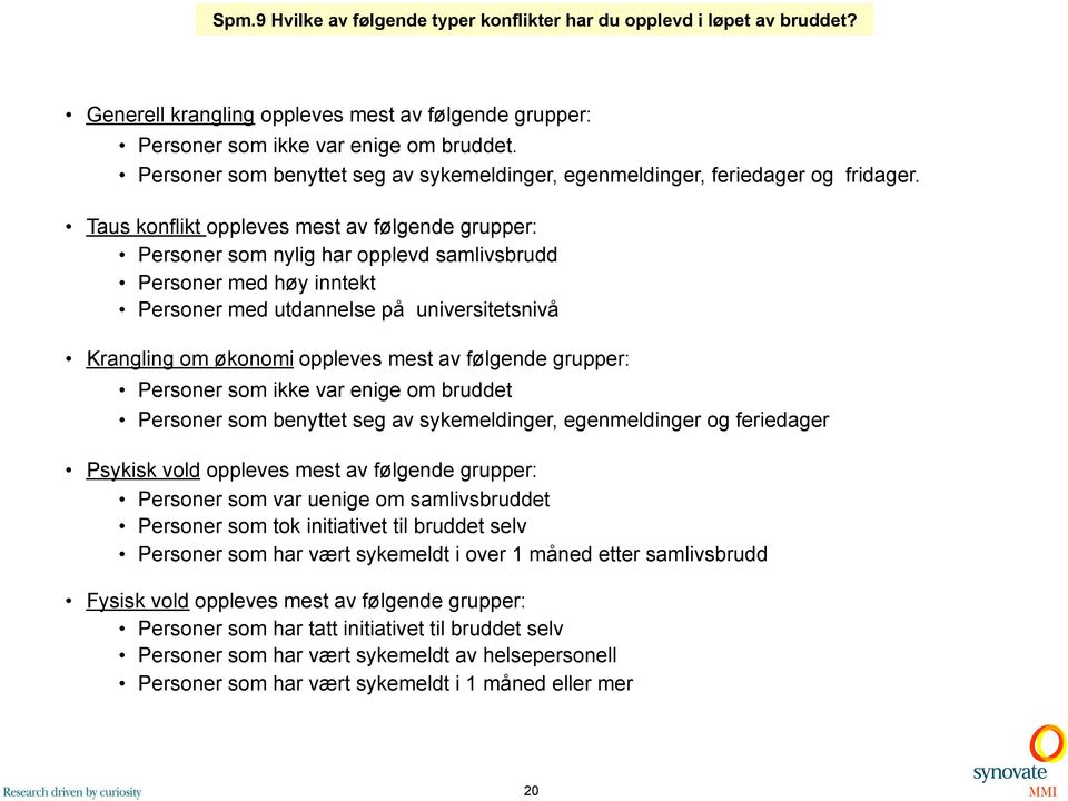 Taus konflikt oppleves mest av følgende grupper: Personer som nylig har opplevd samlivsbrudd Personer med høy inntekt Personer med utdannelse på universitetsnivå Krangling om økonomi oppleves mest av