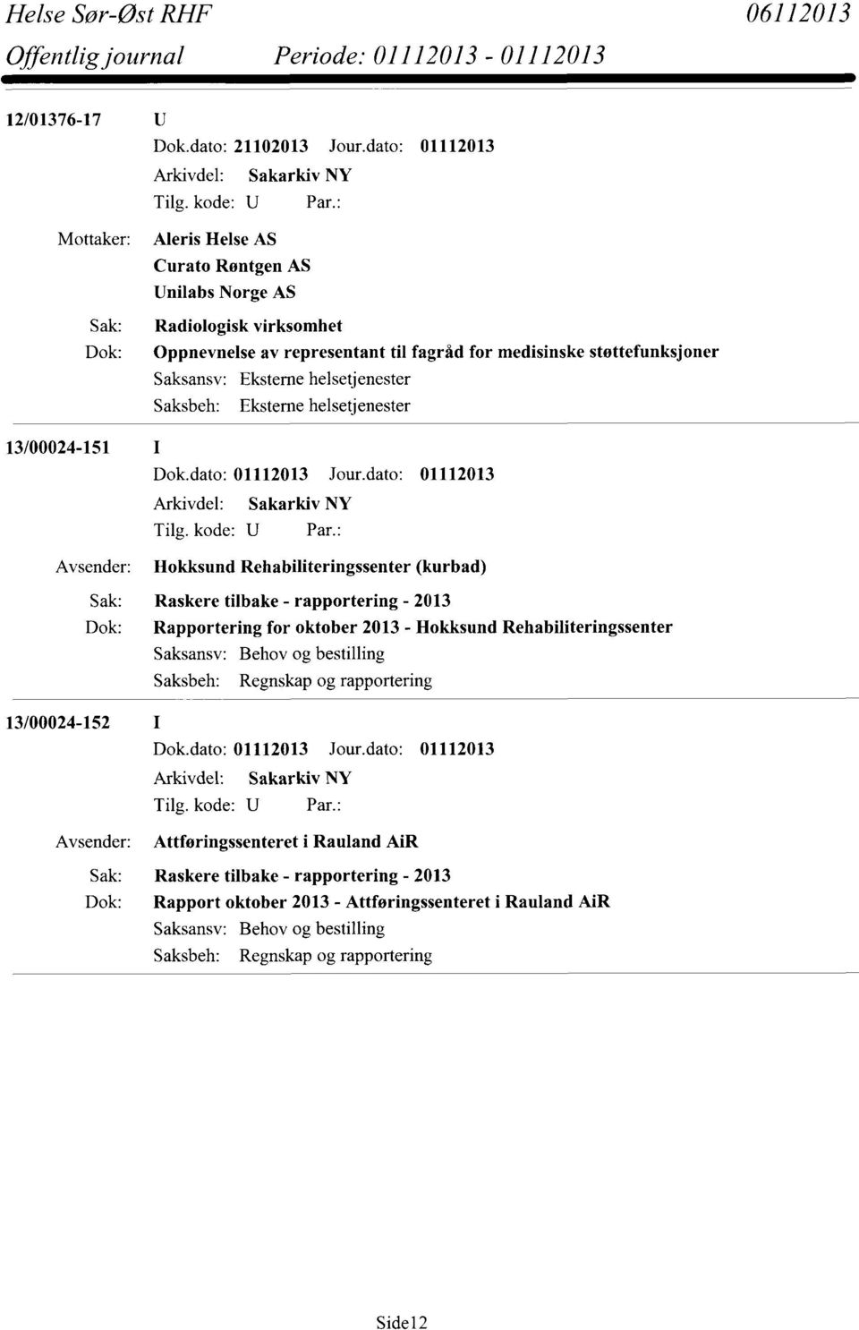13/00024-151 I Hokksund Rehabiliteringssenter (kurbad) Sak: Raskere tilbake - rapportering - 2013 Dok: Rapportering for oktober 2013 - Hokksund Rehabiliteringssenter