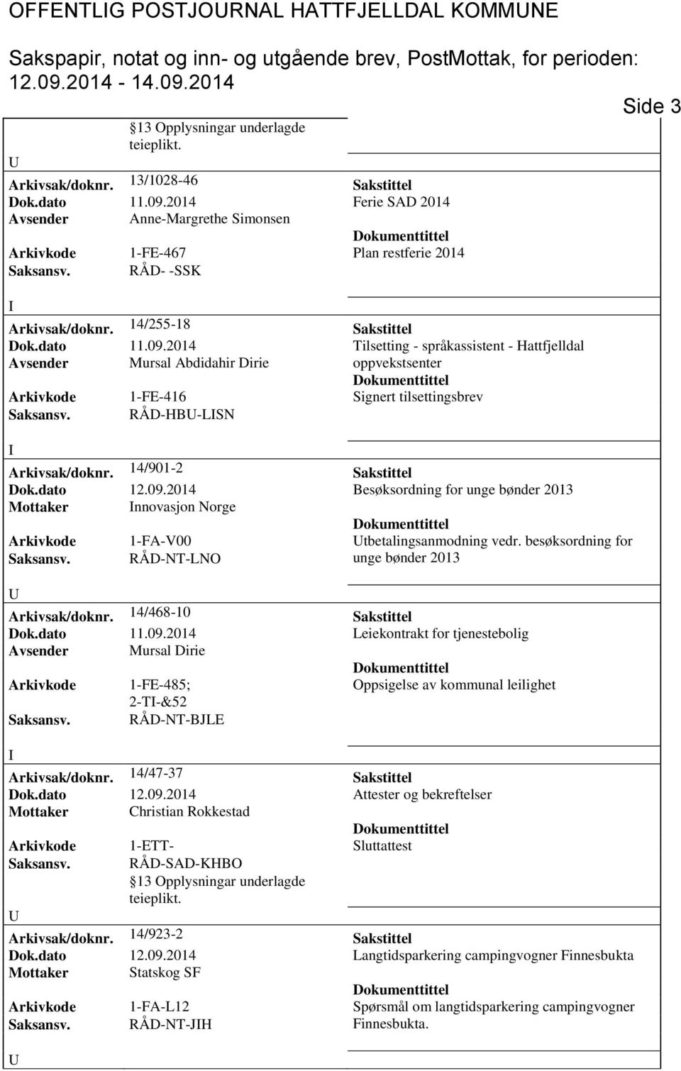 2014 Tilsetting - språkassistent - Hattfjelldal Avsender Mursal Abdidahir Dirie oppvekstsenter Arkivkode 1-FE-416 Signert tilsettingsbrev Saksansv. RÅD-HB-LSN Arkivsak/doknr. 14/901-2 Sakstittel Dok.