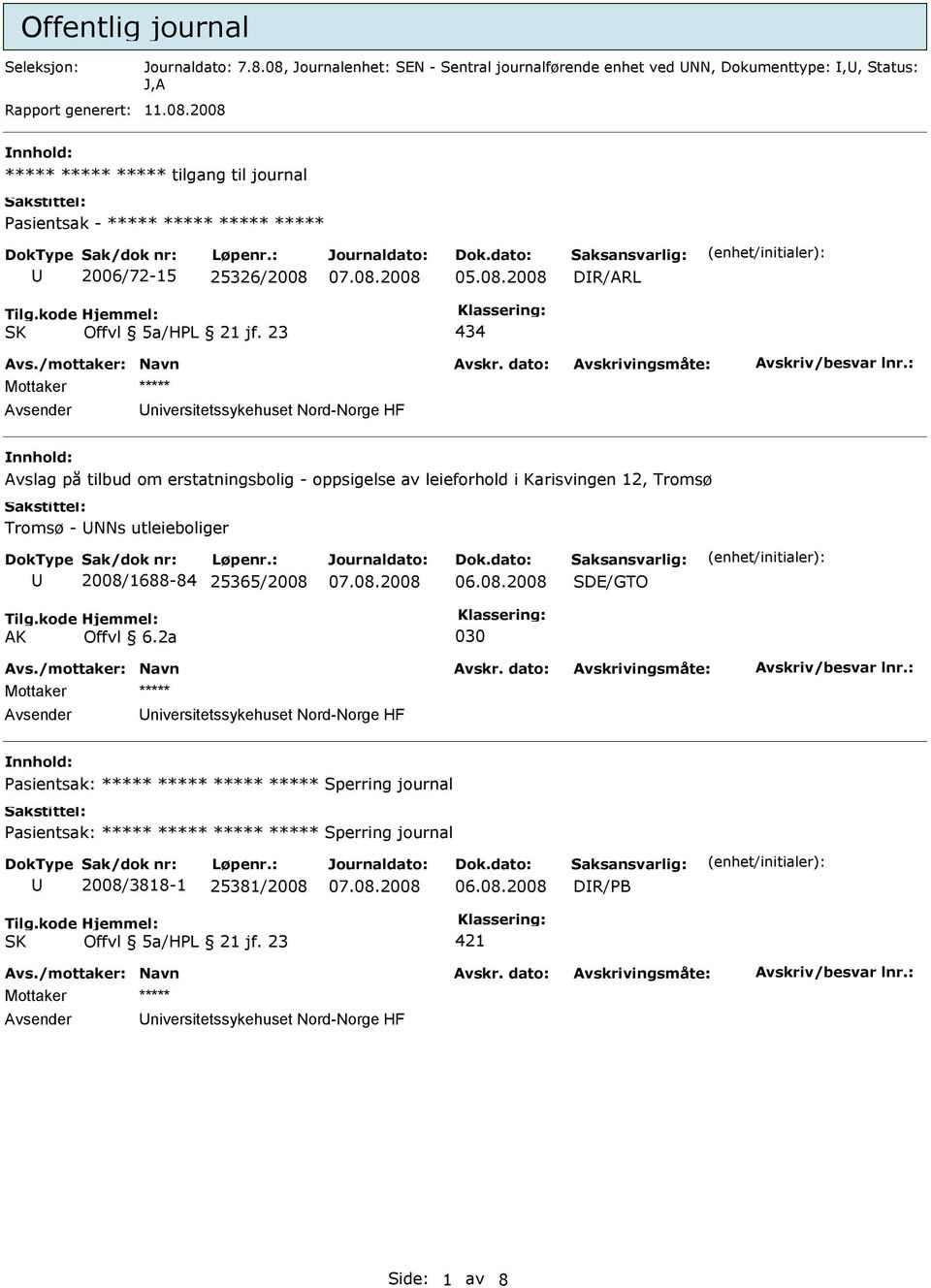 utleieboliger 2008/1688-84 25365/2008 AK niversitetssykehuset Nord-Norge HF Pasientsak: ***** ***** ***** ***** Sperring journal Pasientsak: ***** ***** *****