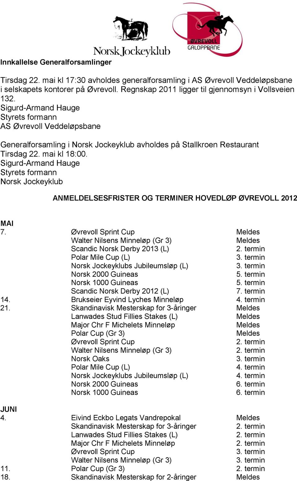 Sigurd-Armand Hauge Styrets formann Norsk Jockeyklub ANMELDELSESFRISTER OG TERMINER HOVEDLØP ØVREVOLL 2012 MAI 7.