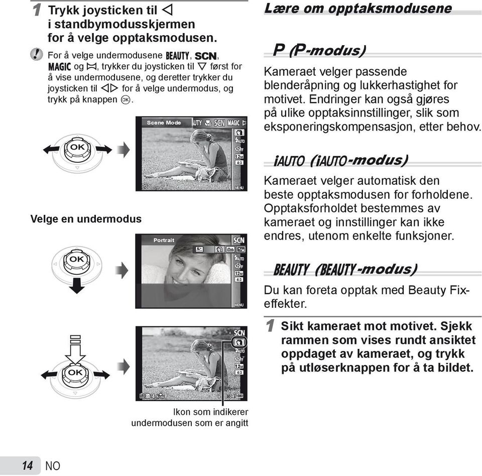 Scene Mode Lære om opptaksmodusene P (P-modus) Kameraet velger passende blenderåpning og lukkerhastighet for motivet.