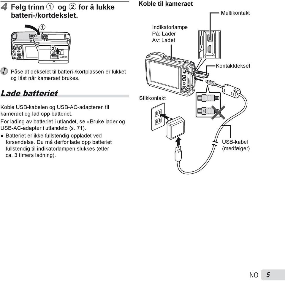 brukes. Lade batteriet Koble USB-kabelen og USB-AC-adapteren til kameraet og lad opp batteriet.