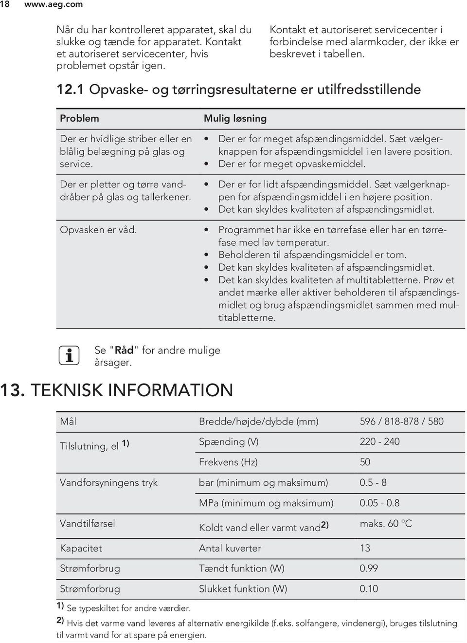 1 Opvaske- og tørringsresultaterne er utilfredsstillende Problem Der er hvidlige striber eller en blålig belægning på glas og service. Der er pletter og tørre vanddråber på glas og tallerkener.