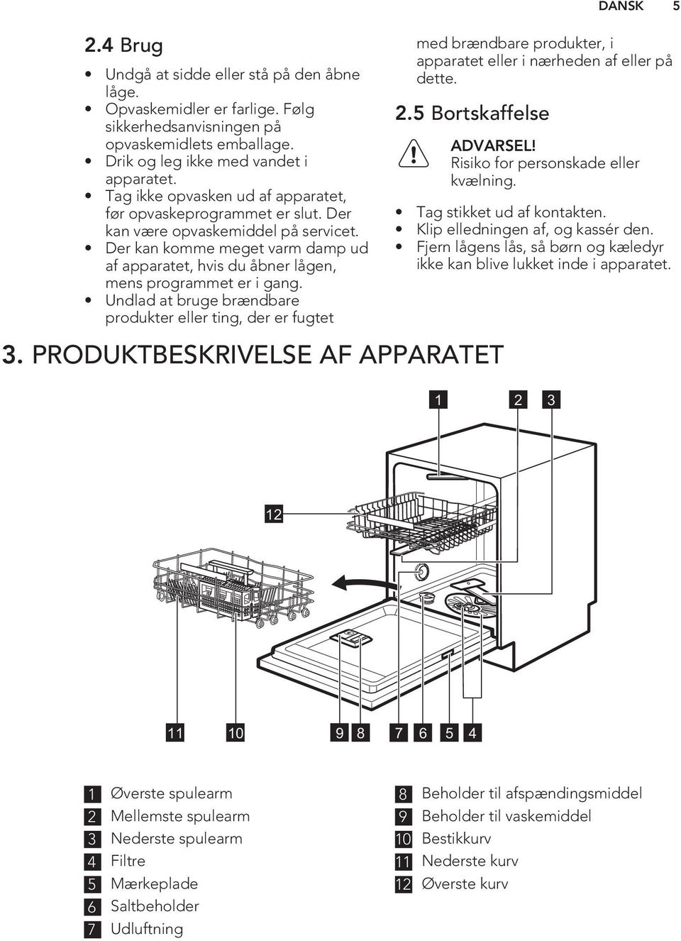 Undlad at bruge brændbare produkter eller ting, der er fugtet med brændbare produkter, i apparatet eller i nærheden af eller på dette. 2.5 Bortskaffelse 3.