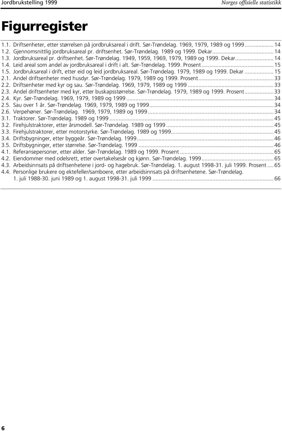 Sør-Trøndelag. 1999. Prosent... 15 1.5. Jordbruksareal i drift, etter eid og leid jordbruksareal. Sør-Trøndelag. 1979, 1989 og 1999. Dekar... 15 2.1. Andel driftsenheter med husdyr. Sør-Trøndelag. 1979, 1989 og 1999. Prosent... 33 2.