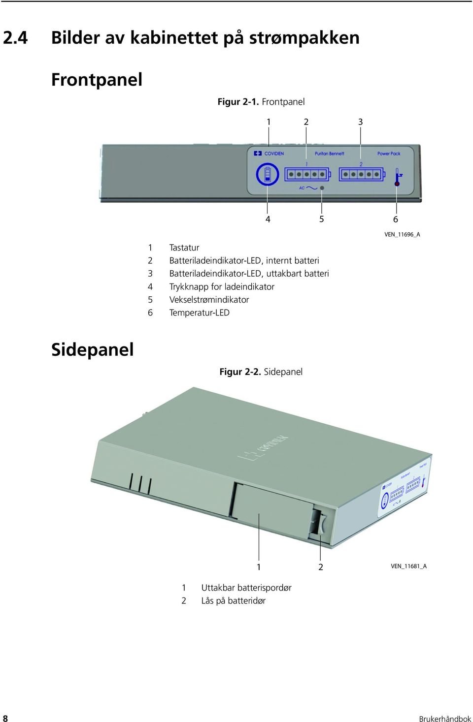 Batteriladeindikator-LED, uttakbart batteri 4 Trykknapp for ladeindikator 5