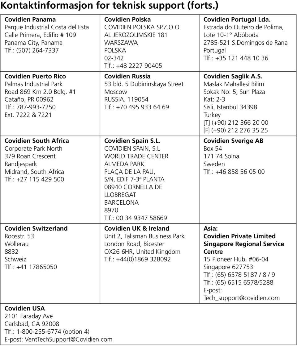 7222 & 7221 Covidien South Africa Corporate Park North 379 Roan Crescent Randjespark Midrand, South Africa Tlf.: +27 115 429 500 Covidien Switzerland Roosstr. 53 Wollerau 8832 Schweiz Tlf.