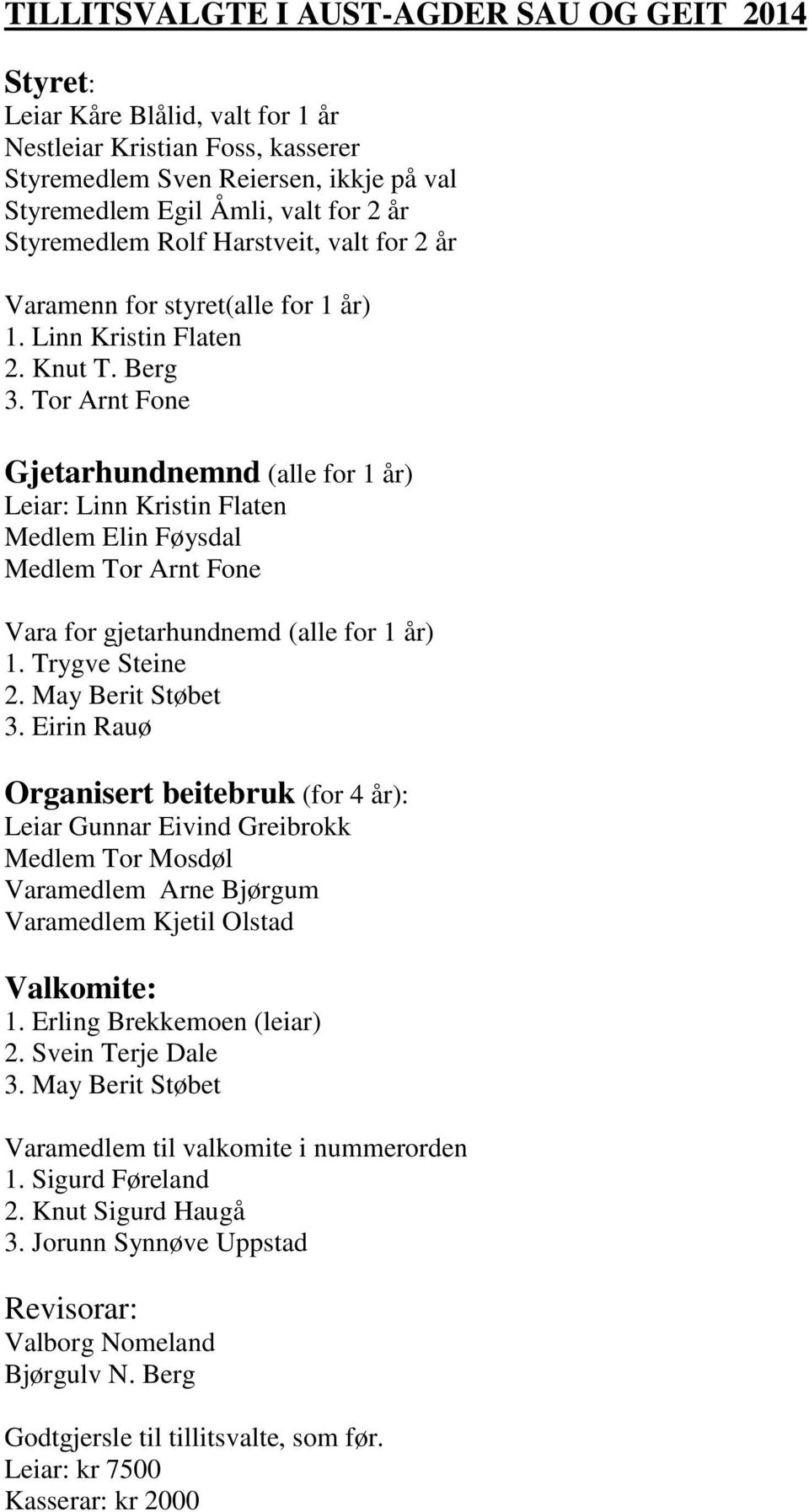 Tor Arnt Fone Gjetarhundnemnd (alle for 1 år) Leiar: Linn Kristin Flaten Medlem Elin Føysdal Medlem Tor Arnt Fone Vara for gjetarhundnemd (alle for 1 år) 1. Trygve Steine 2. May Berit Støbet 3.