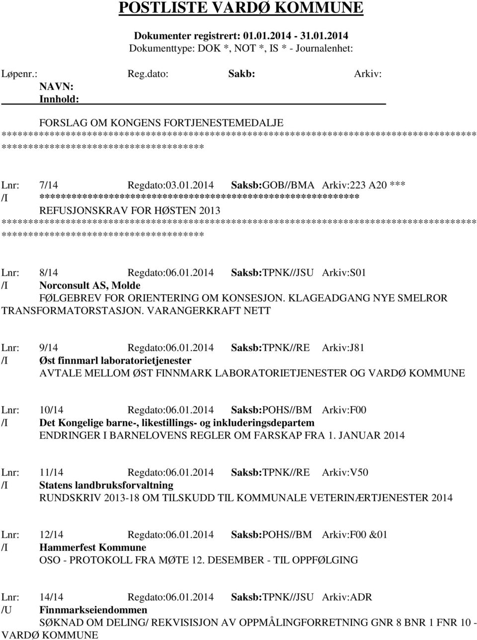 2014 Saksb:TPNK//RE Arkiv:J81 /I Øst finnmarl laboratorietjenester AVTALE MELLOM ØST FINNMARK LABORATORIETJENESTER OG VARDØ KOMMUNE Lnr: 10/14 Regdato:06.01.2014 Saksb:POHS//BM Arkiv:F00 /I Det Kongelige barne-, likestillings- og inkluderingsdepartem ENDRINGER I BARNELOVENS REGLER OM FARSKAP FRA 1.