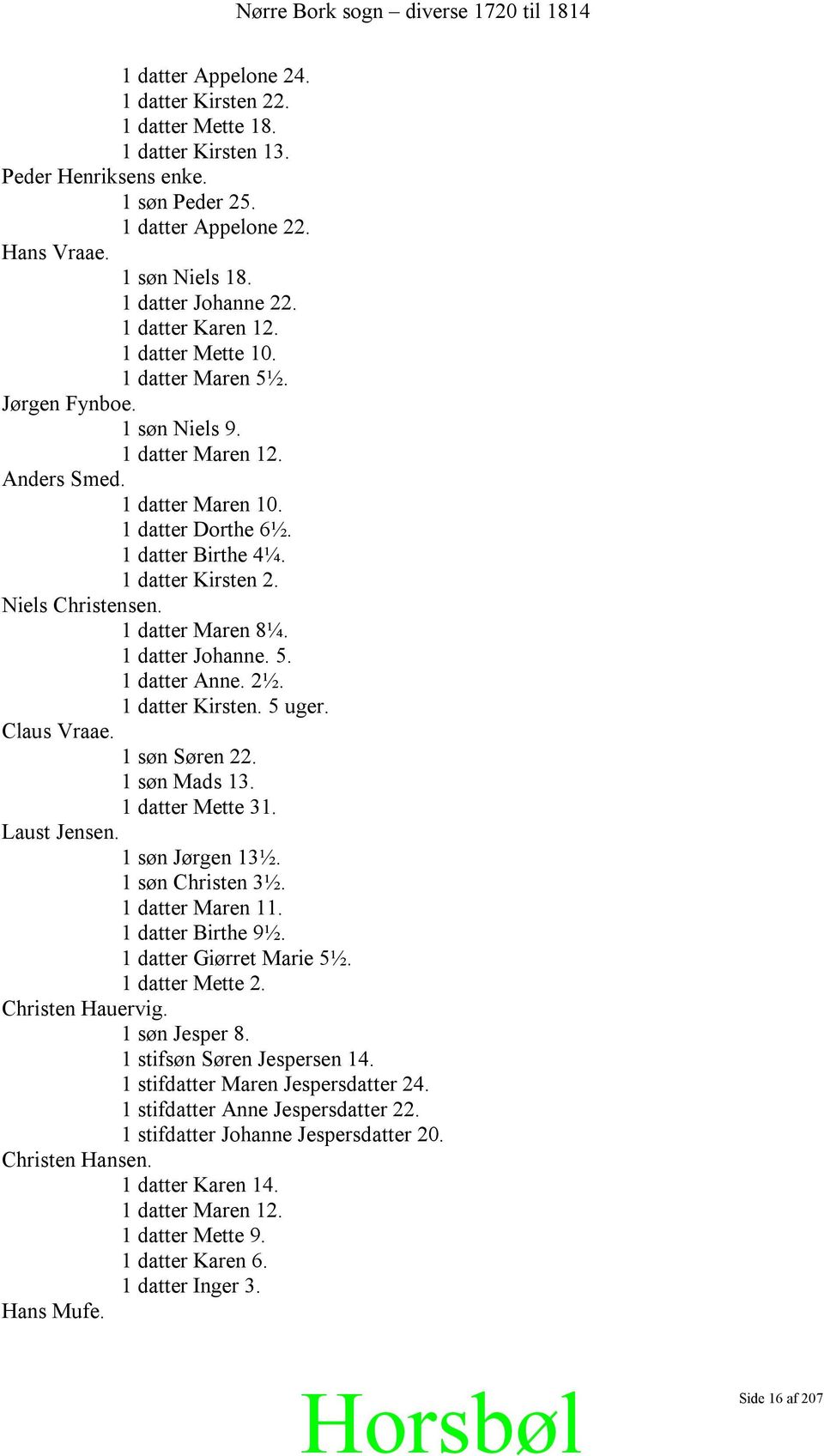 Niels Christensen. 1 datter Maren 8¼. 1 datter Johanne. 5. 1 datter Anne. 2½. 1 datter Kirsten. 5 uger. Claus Vraae. 1 søn Søren 22. 1 søn Mads 13. 1 datter Mette 31. Laust Jensen. 1 søn Jørgen 13½.