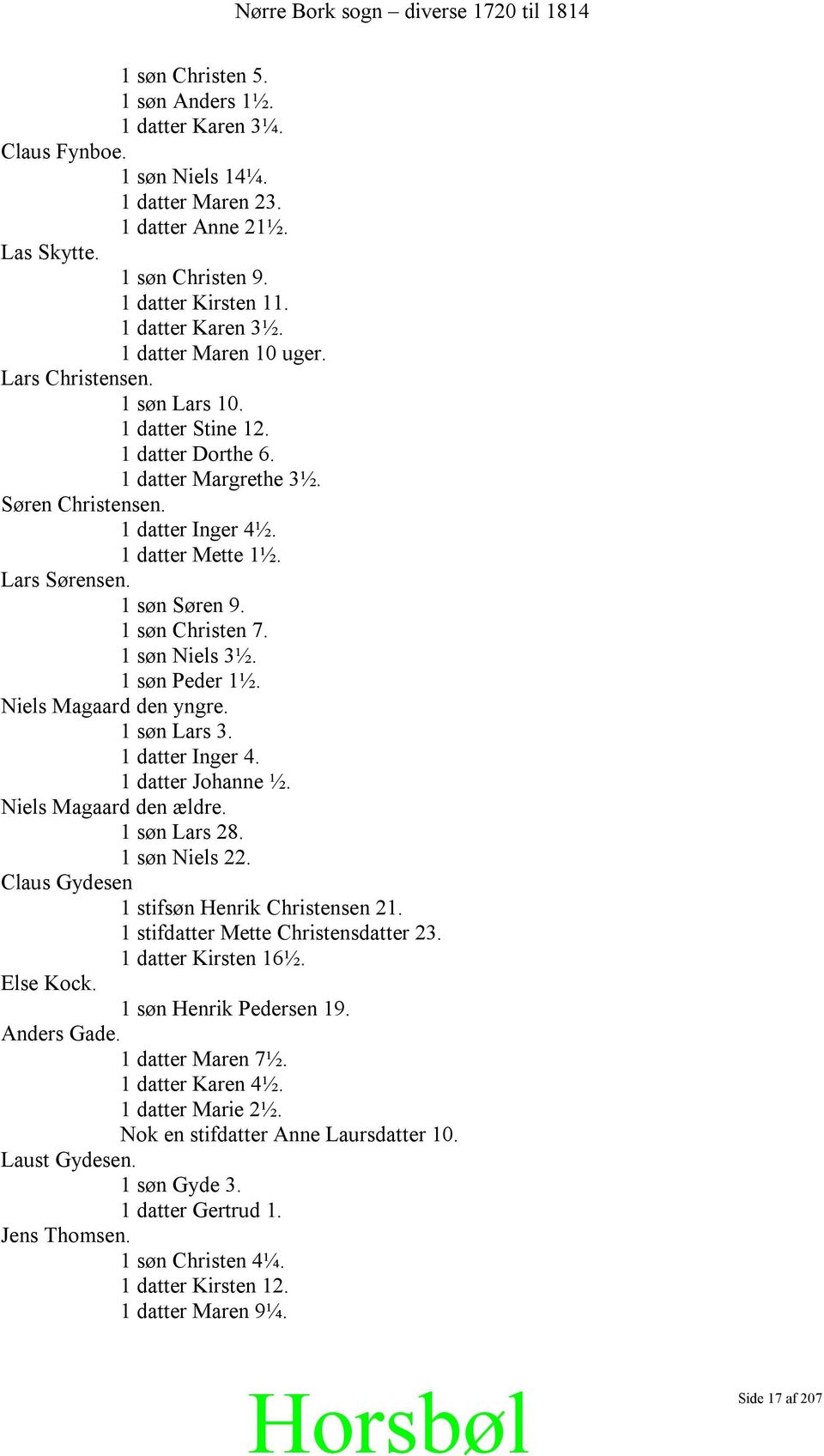 1 søn Søren 9. 1 søn Christen 7. 1 søn Niels 3½. 1 søn Peder 1½. Niels Magaard den yngre. 1 søn Lars 3. 1 datter Inger 4. 1 datter Johanne ½. Niels Magaard den ældre. 1 søn Lars 28. 1 søn Niels 22.