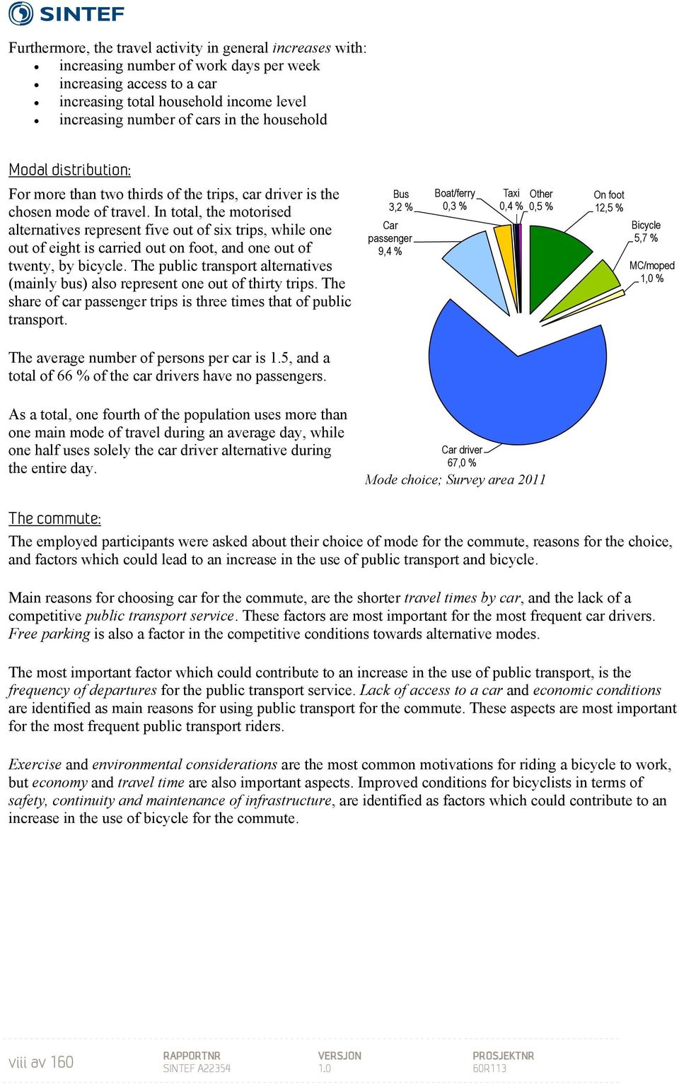 In total, the motorised alternatives represent five out of six trips, while one out of eight is carried out on foot, and one out of twenty, by bicycle.