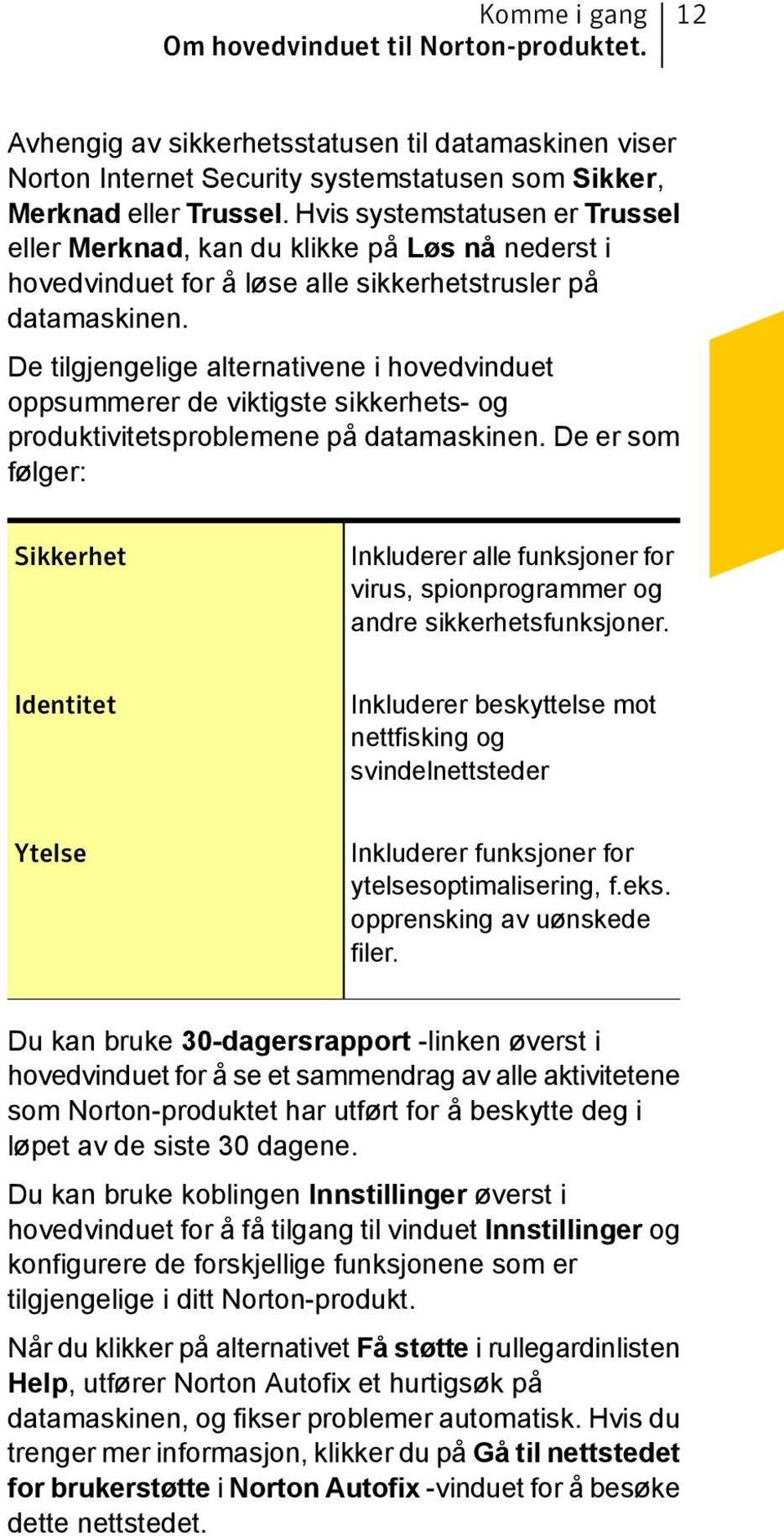 De tilgjengelige alternativene i hovedvinduet oppsummerer de viktigste sikkerhets- og produktivitetsproblemene på datamaskinen.