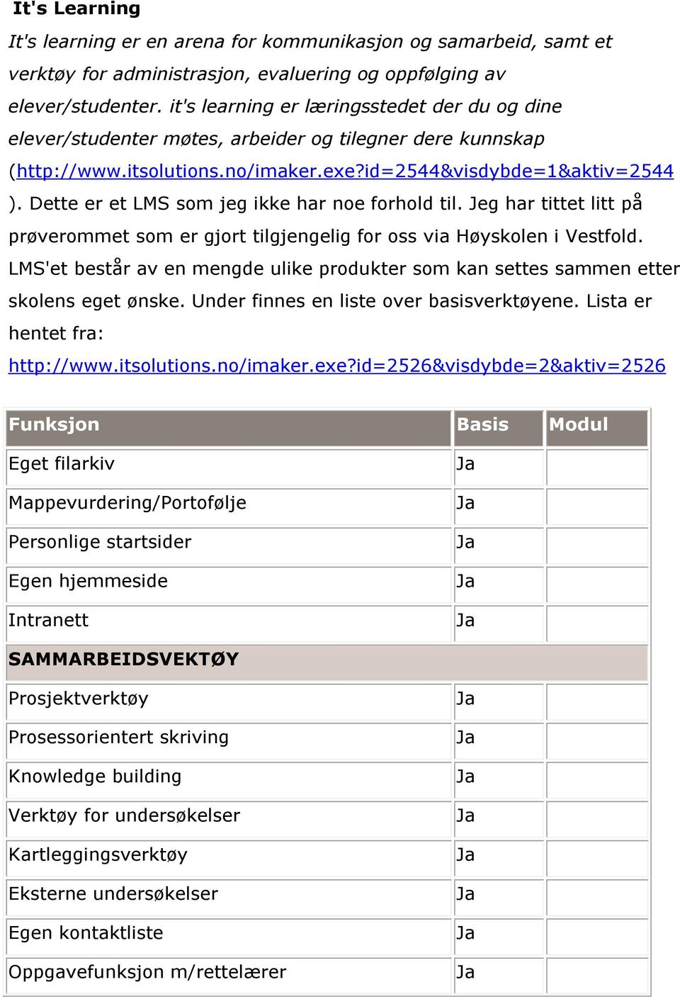 Dette er et LMS som jeg ikke har noe forhold til. Jeg har tittet litt på prøverommet som er gjort tilgjengelig for oss via Høyskolen i Vestfold.
