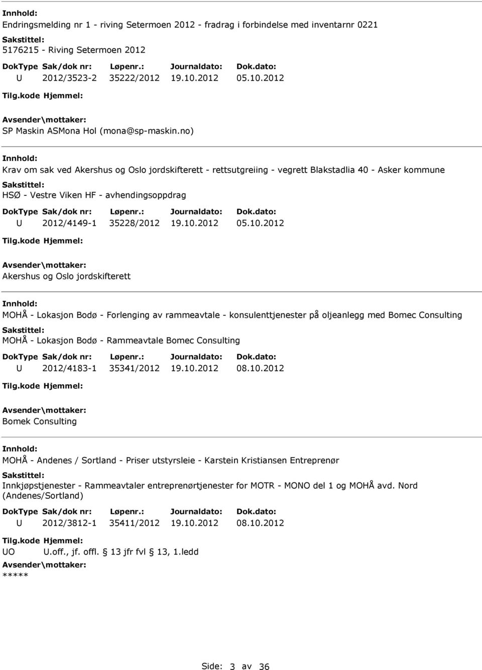 2012 Akershus og Oslo jordskifterett MOHÅ - Lokasjon Bodø - Forlenging av rammeavtale - konsulenttjenester på oljeanlegg med Bomec Consulting MOHÅ - Lokasjon Bodø - Rammeavtale Bomec Consulting