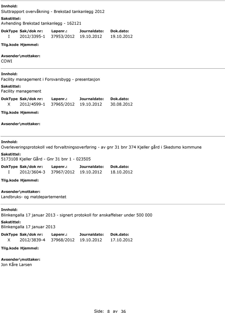 2012 Overleveringsprotokoll ved forvaltningsoverføring - av gnr 31 bnr 374 Kjeller gård i Skedsmo kommune 5173108 Kjeller Gård - Gnr 31 bnr 1-023505