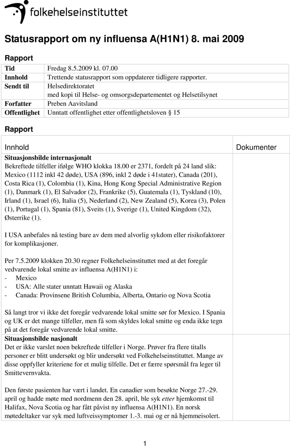 Situasjonsbilde internasjonalt Bekreftede tilfeller ifølge WHO klokka 18.