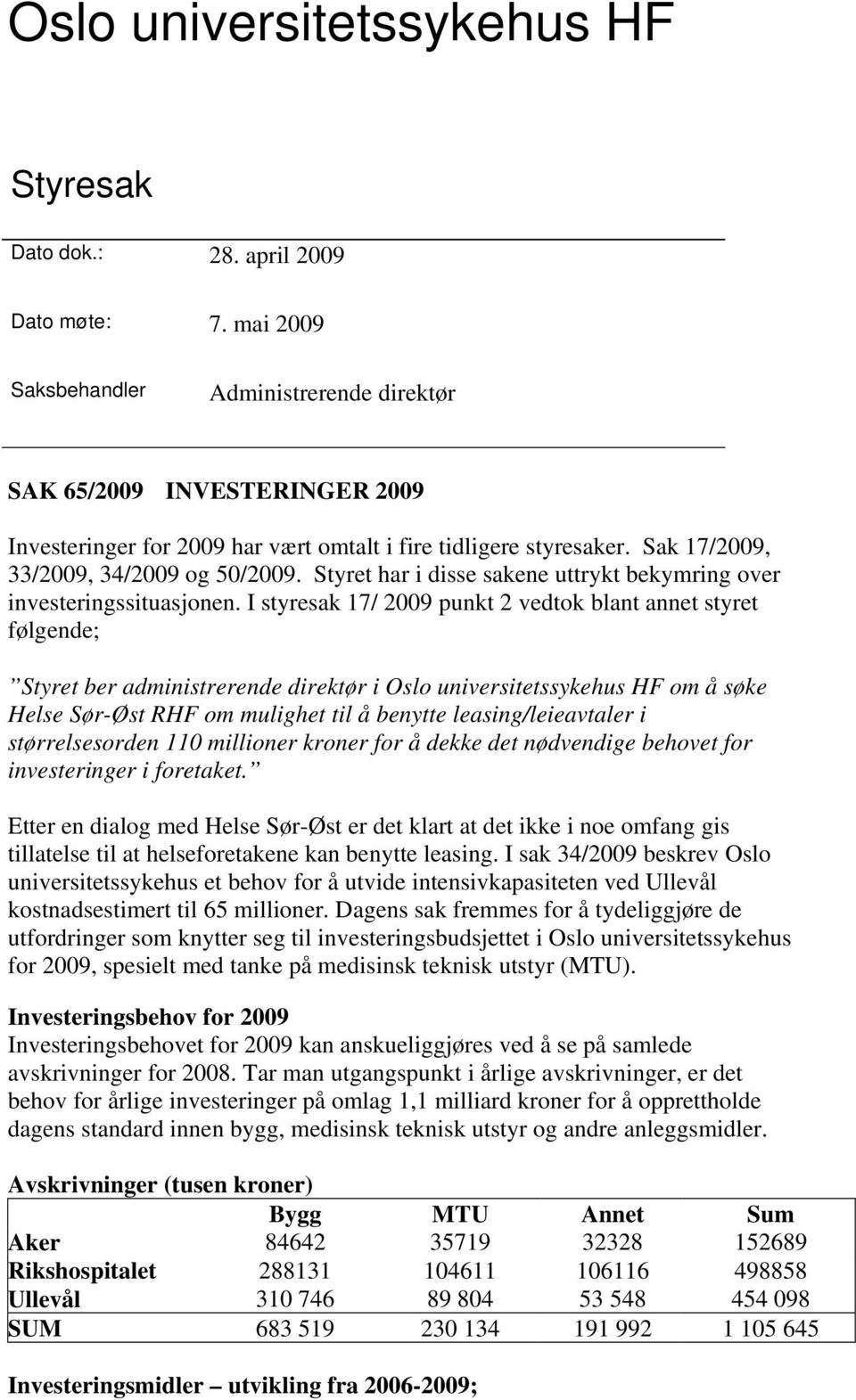 Styret har i disse sakene uttrykt bekymring over investeringssituasjonen.