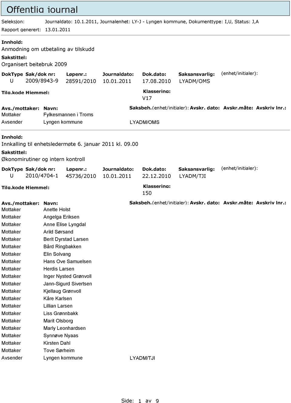 00 Økonomirutiner og intern kontroll 2010/4704-1 45736/2010 22.12.2010 LYADM/TJ 150 Avs./mottaker: Navn: Saksbeh. Avskr. dato: Avskr.måte: Avskriv lnr.