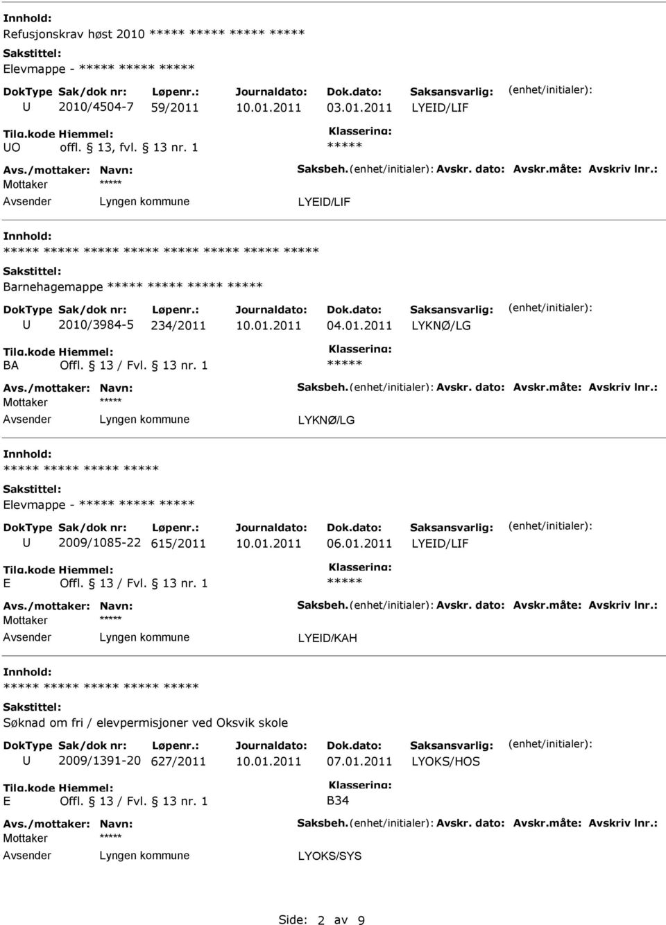 01.2011 LYED/LF E Avs./mottaker: Navn: Saksbeh. Avskr. dato: Avskr.måte: Avskriv lnr.