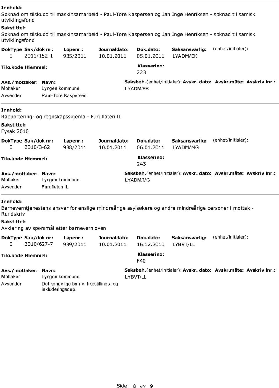 : LYADM/EK Paul-Tore Kaspersen Rapportering- og regnskapsskjema - Furuflaten L Fysak 2010 2010/3-62 938/2011 06.01.2011 LYADM/MG 243 Avs./mottaker: Navn: Saksbeh. Avskr. dato: Avskr.måte: Avskriv lnr.