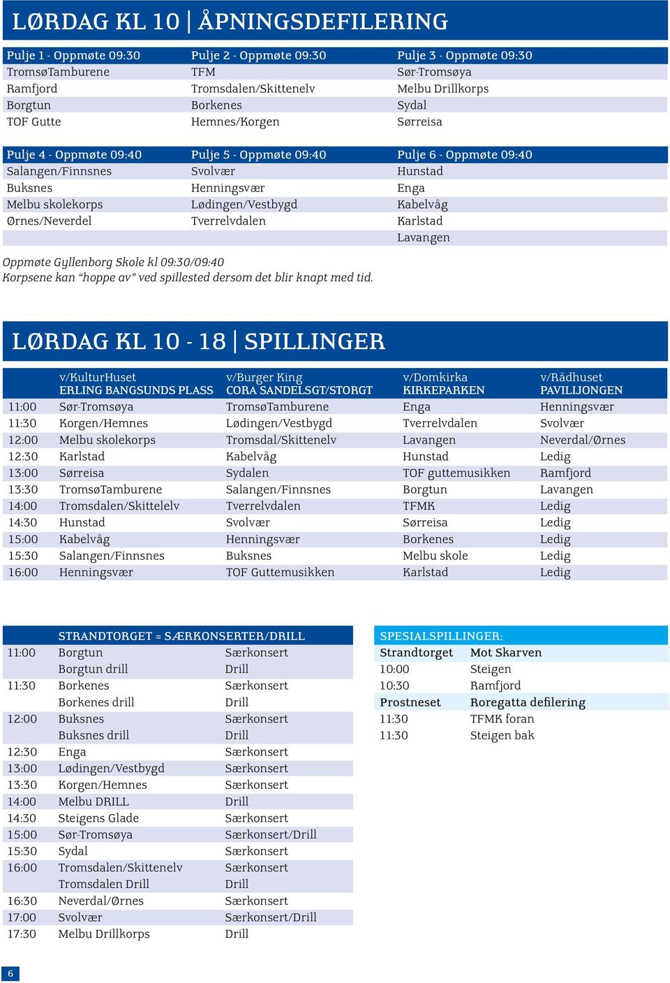 Lødingen/Vestbygd Kabelvåg Ørnes/Neverdel Tverrelvdalen Karlstad Lavangen Oppmøte Gyllenborg Skole kl 09:30/09:40 Korpsene kan hoppe av ved spillested dersom det blir knapt med tid.