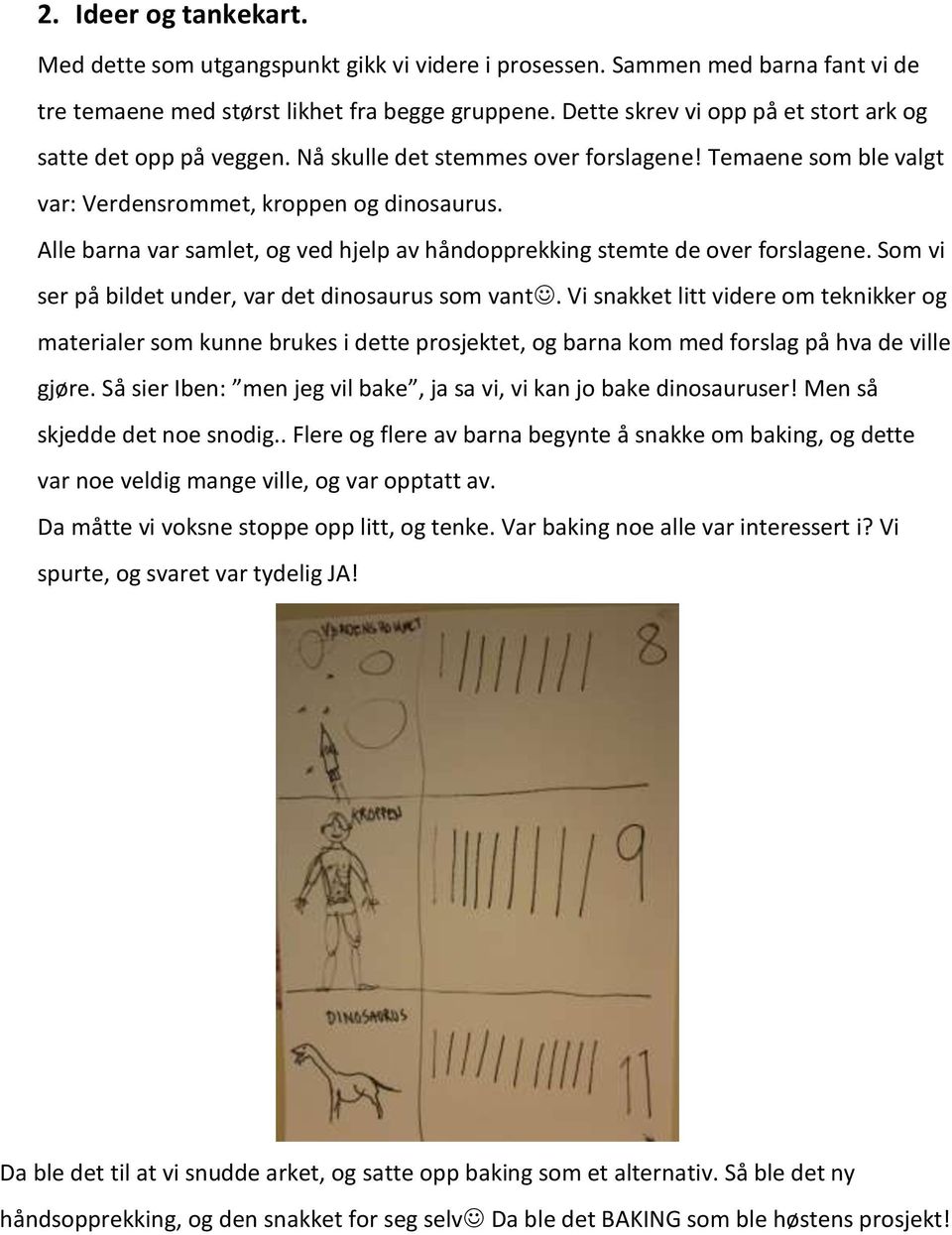 Alle barna var samlet, og ved hjelp av håndopprekking stemte de over forslagene. Som vi ser på bildet under, var det dinosaurus som vant.