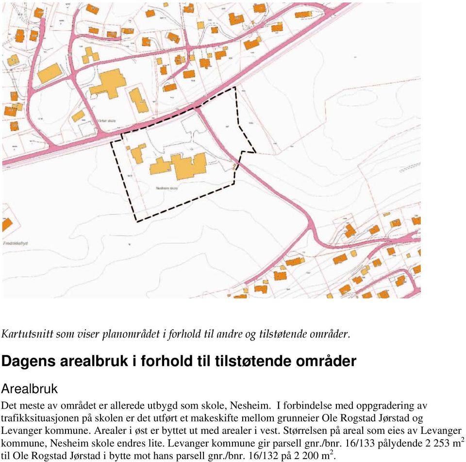 I forbindelse med oppgradering av trafikksituasjonen på skolen er det utført et makeskifte mellom grunneier Ole Rogstad Jørstad og Levanger kommune.