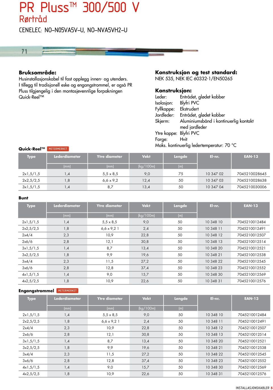 kobber Isolasjon: Blyfri PVC Fyllkappe: Ekstrudert Jordleder: Entrådet, glødet kobber Skjerm: Aluminiumsbånd i kontinuerlig kontakt med jordleder Ytre kappe: Blyfri PVC Farge: Hvit Maks.