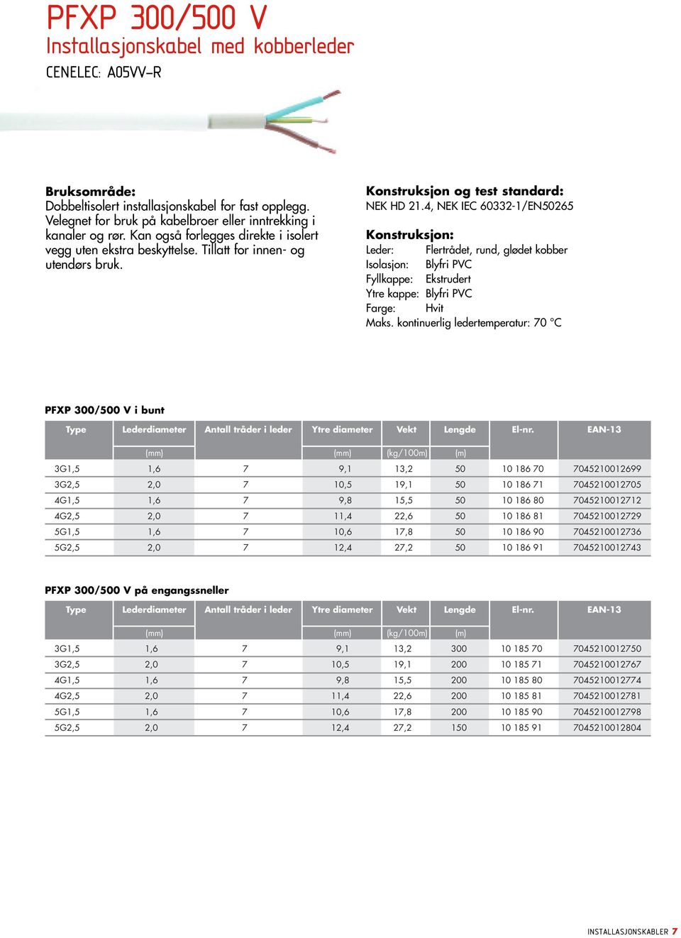 4, NEK IEC 6033-1/EN5065 Leder: Flertrådet, rund, glødet kobber Isolasjon: Blyfri PVC Fyllkappe: Ekstrudert Ytre kappe: Blyfri PVC Farge: Hvit Maks.