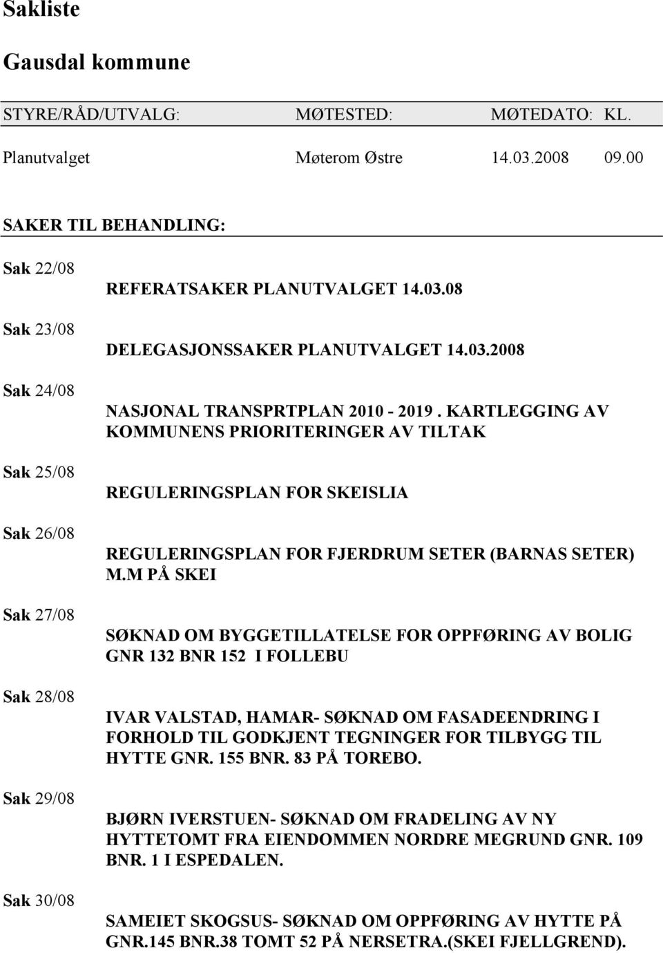 KARTLEGGING AV KOMMUNENS PRIORITERINGER AV TILTAK REGULERINGSPLAN FOR SKEISLIA REGULERINGSPLAN FOR FJERDRUM SETER (BARNAS SETER) M.