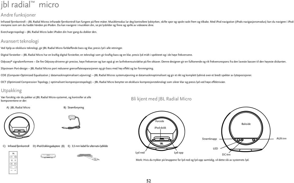 Du kan navigere i musikken din, se på lysbilder og finne og spille av videoene dine. Evercharge-topologi JBL Radial Micro lader ipoden din hver gang du dokker den.