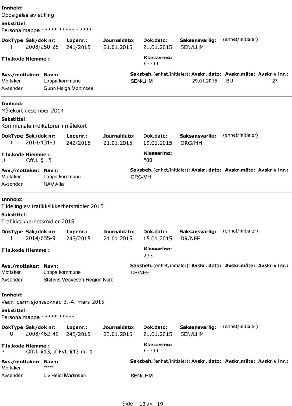 : ORG/MH NAV Alta Tildeling av trafikksikkerhetsmidler 2015 Trafikksikkerhetsmidler 2015 2014/635-9 243/2015 15.01.2015 233 Avs./mottaker: Navn: Saksbeh. Avskr. dato: Avskr.