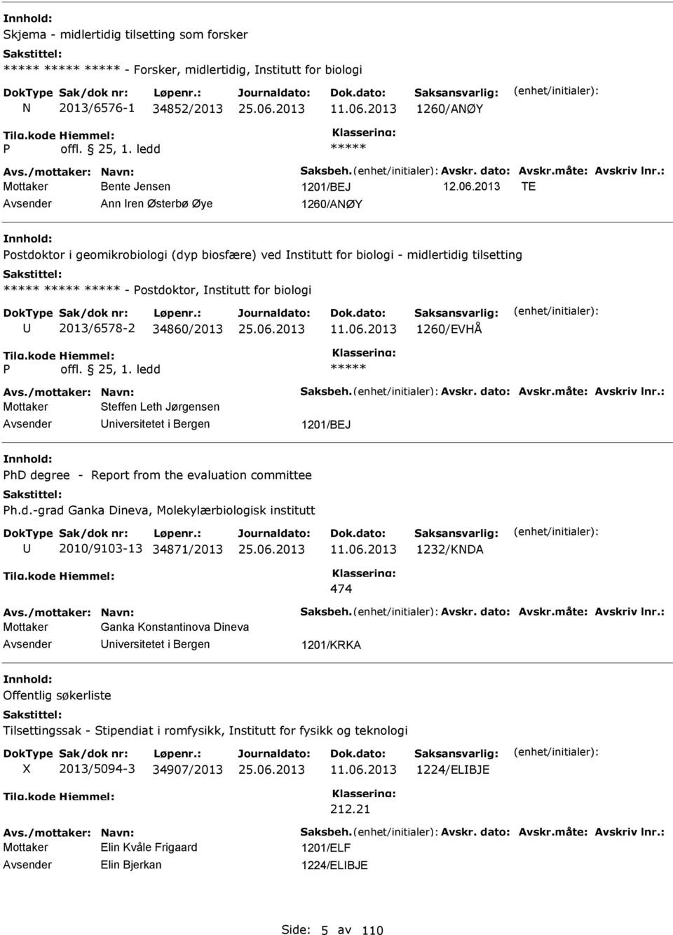 2013 TE Ann ren Østerbø Øye 1260/ANØY ostdoktor i geomikrobiologi (dyp biosfære) ved nstitutt for biologi - midlertidig tilsetting - ostdoktor, nstitutt for biologi 2013/6578-2 34860/2013 11.06.