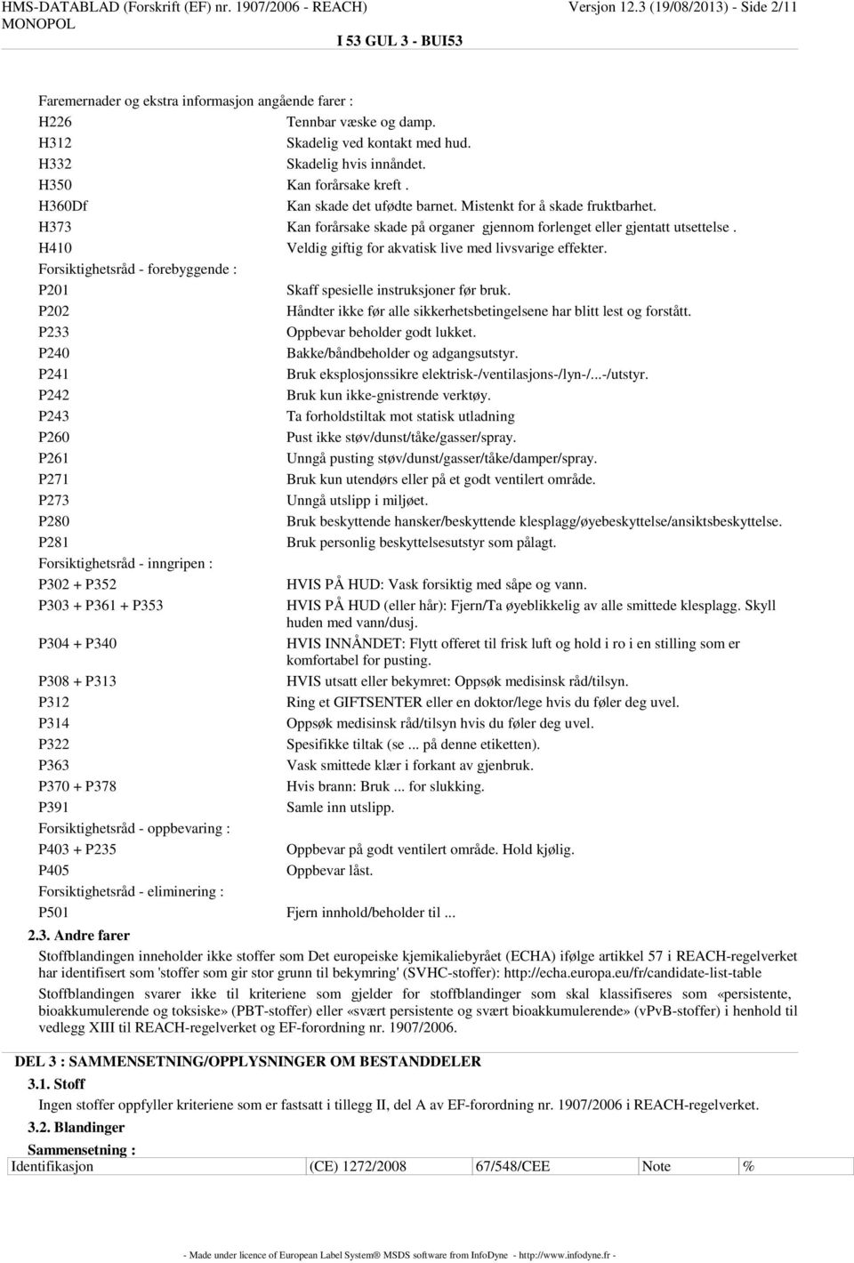 H373 Kan forårsake skade på organer gjennom forlenget eller gjentatt utsettelse. H410 Veldig giftig for akvatisk live med livsvarige effekter.